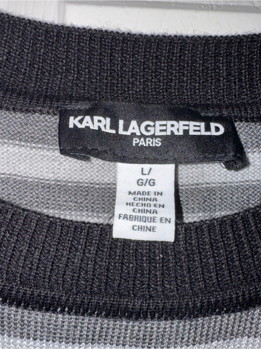 Karl Lagerfeld Black, Gray & White Striped Crewneck Sweater - Picture 2 of 5